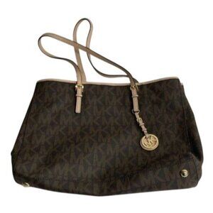 Michael‎ Kors Brown Jet Set Monogram Tote Bag With Beige Straps & Logo Charm